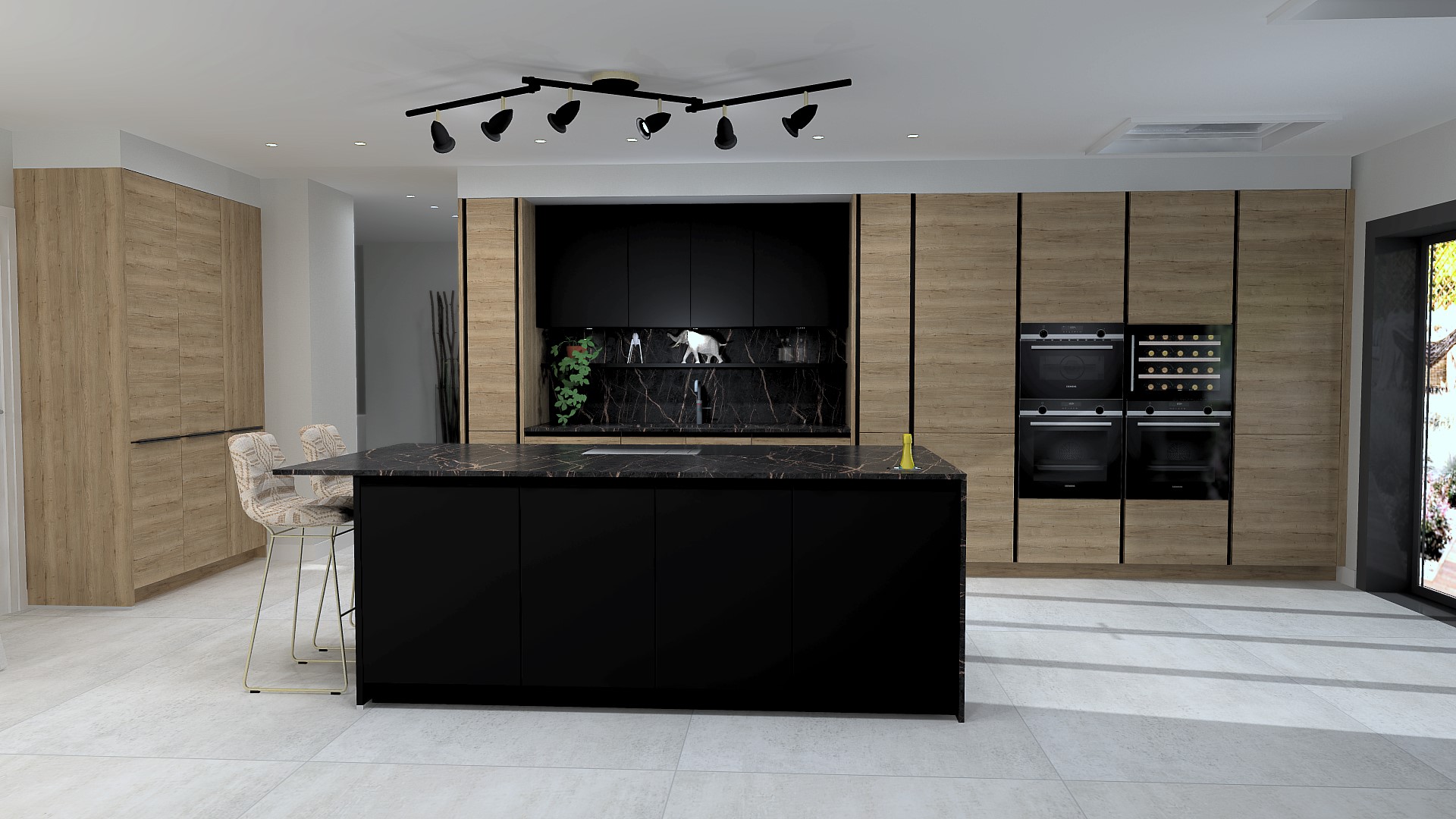 Nature's Beauty, Modern Style: A breath-taking kitchen design featuring natural wood cabinetry, striking black accents, and statement worktops that seamlessly blend form and function."